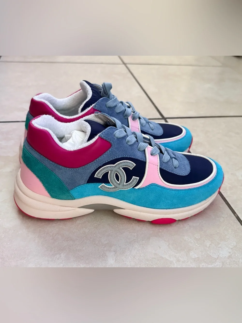 CHANEL Multicolor Suede & Leather Logo Sneakers — Navy, Pink, Turquoise